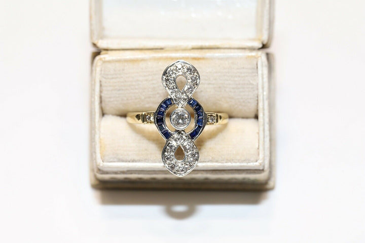 アンティーク オリジナル アールデコ 18K ナチュラルダイヤモンドとカリバーサファイアのリング