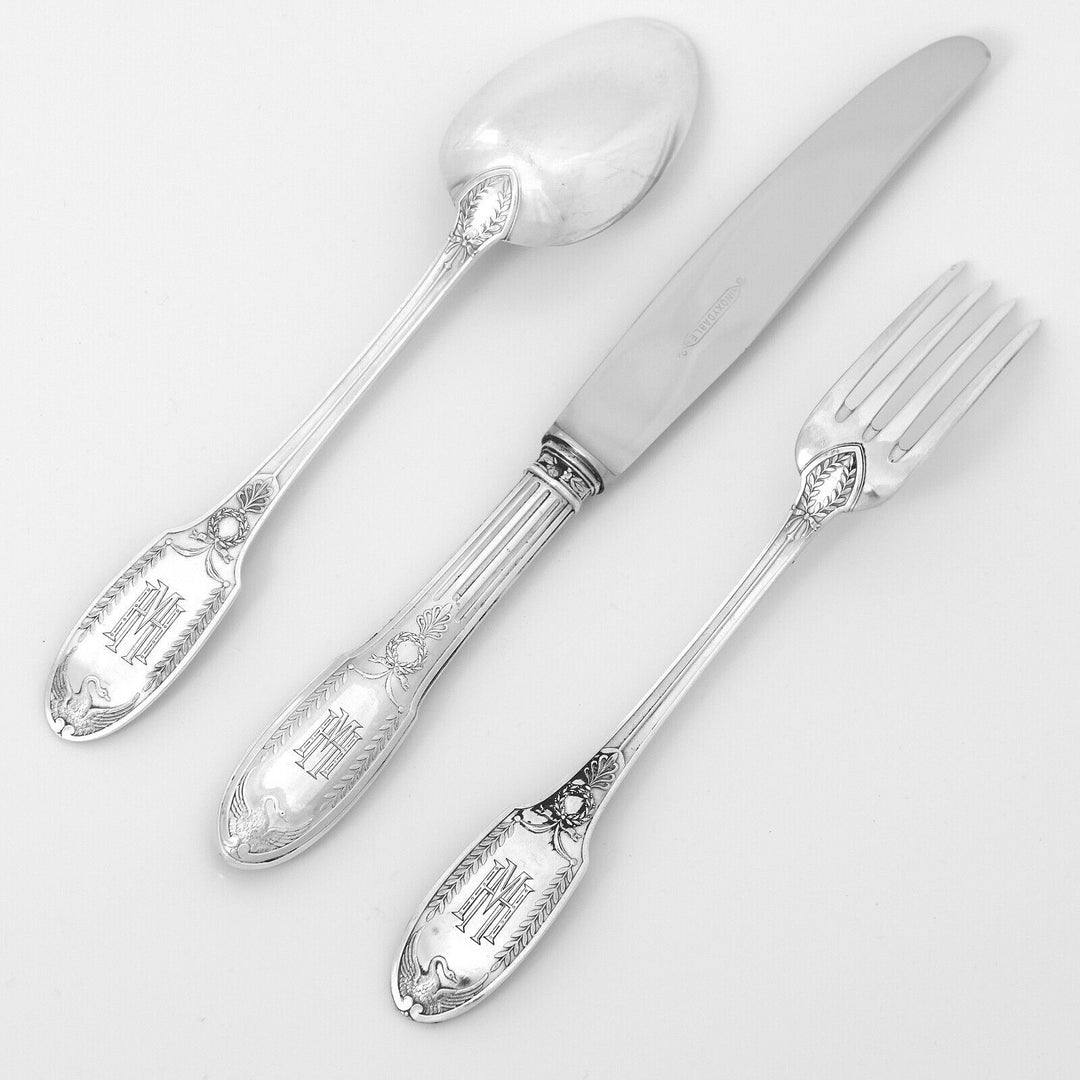 Puiforcat French Sterling Silver Flatware Set 92 Pc, Empire, Swan, Box