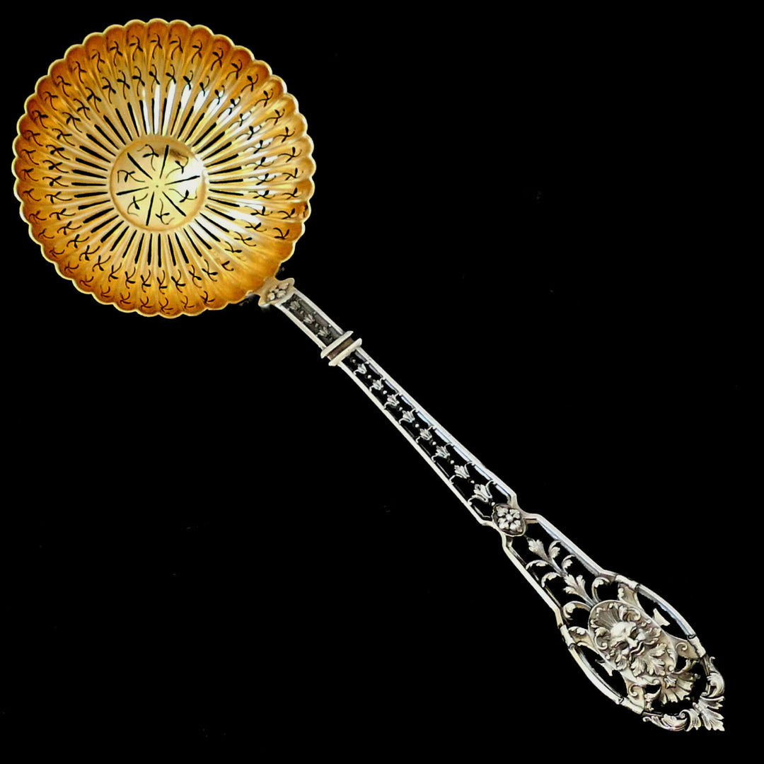 Puiforcat French Sterling Silver Sugar Sifter Spoon & Sugar Tongs, Box, Mascaron