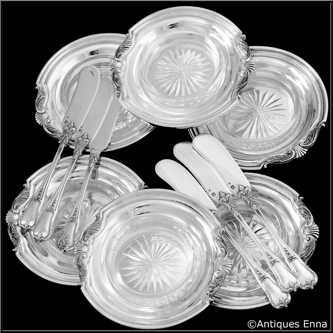 Tetard Rare French Sterling Silver Crystal Caviar Cups with Spreaders 12 Pc