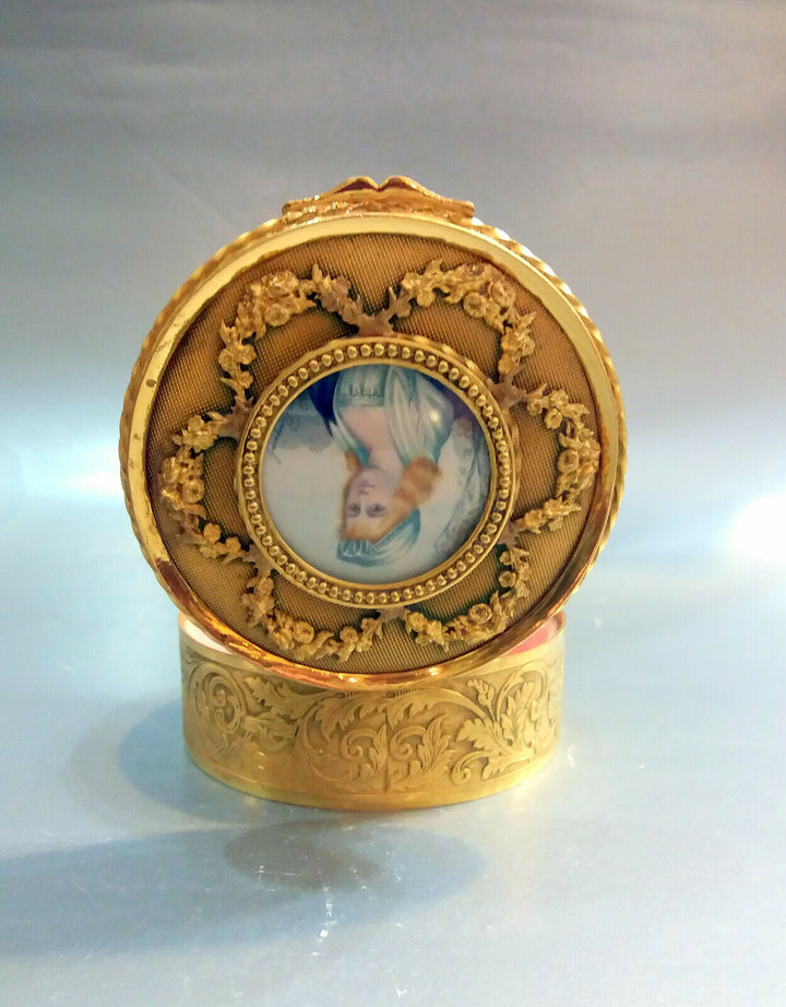 Antique French Gilt Bronze Jewelry Box with Miniature Portrait