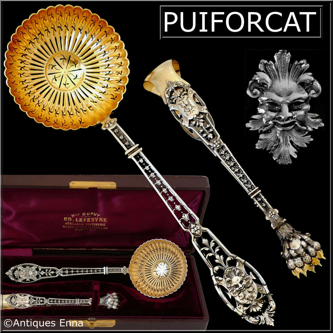 Puiforcat French Sterling Silver Sugar Sifter Spoon & Sugar Tongs, Box, Mascaron