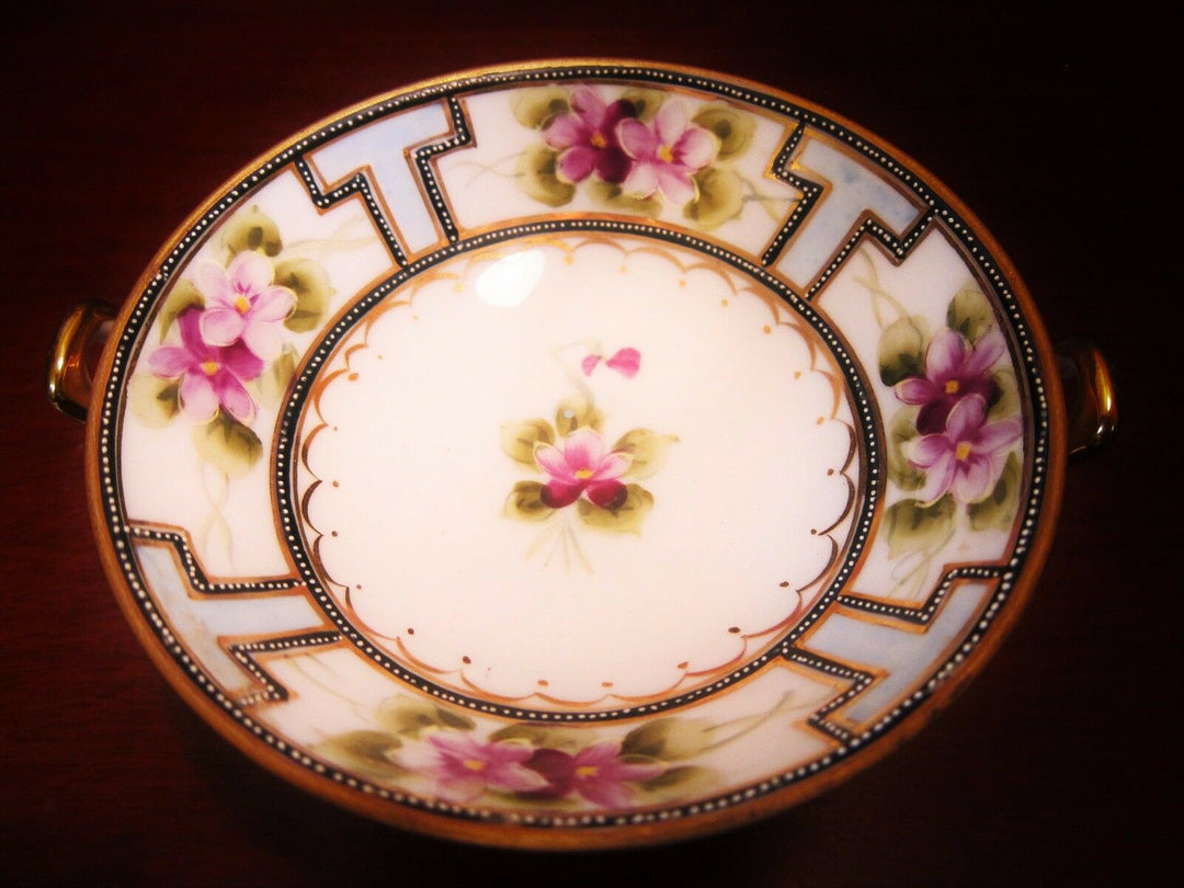 Nippon Hand Painted Moriage Pedestal Bowl Gold Handles 5” Blue Morimura Stamp