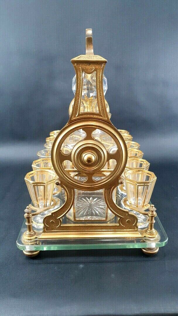RARE ANTIQUE BACCARAT TANTALUS SIGNED FRENCH GILT BRONZE LIQUOR BOX CAVE LIQUEUR