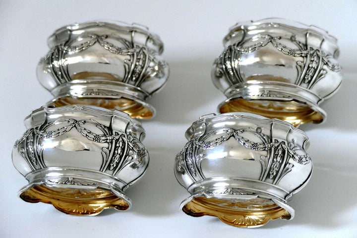 Collet French Sterling Silver 18k Gold Set 4 Salt Cellars, Spoons, Original box