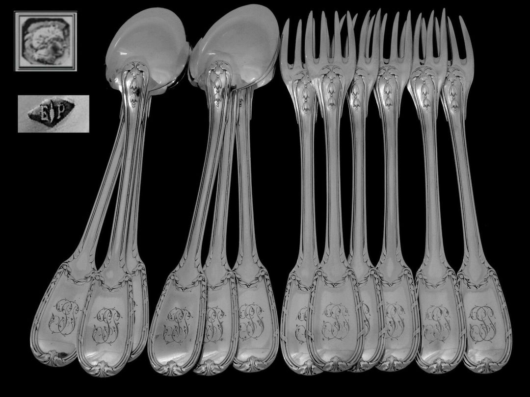 Puiforcat French Sterling Silver Dinner Flatware Set 12 pc Neoclassical