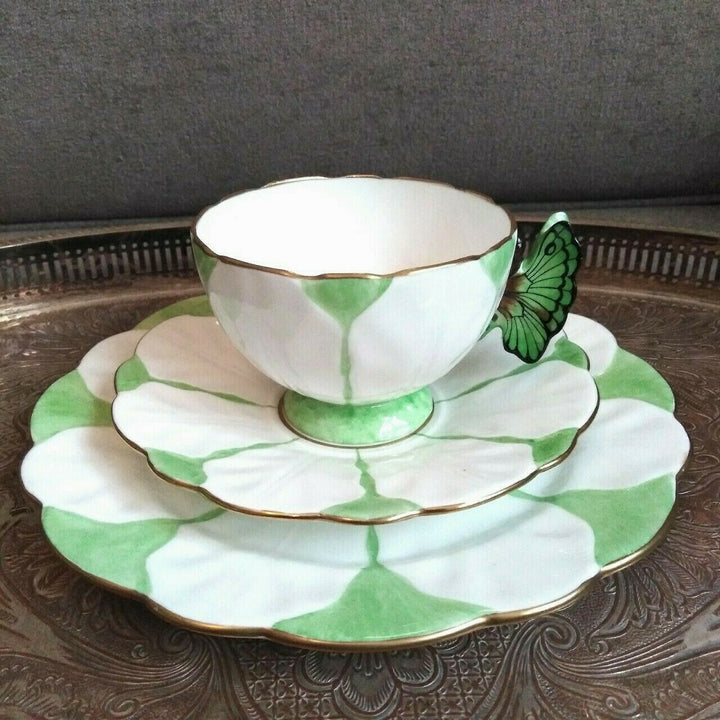 RARE Green & White Aynsley Butterfly handle Art Deco Teacup Saucer Side Plate