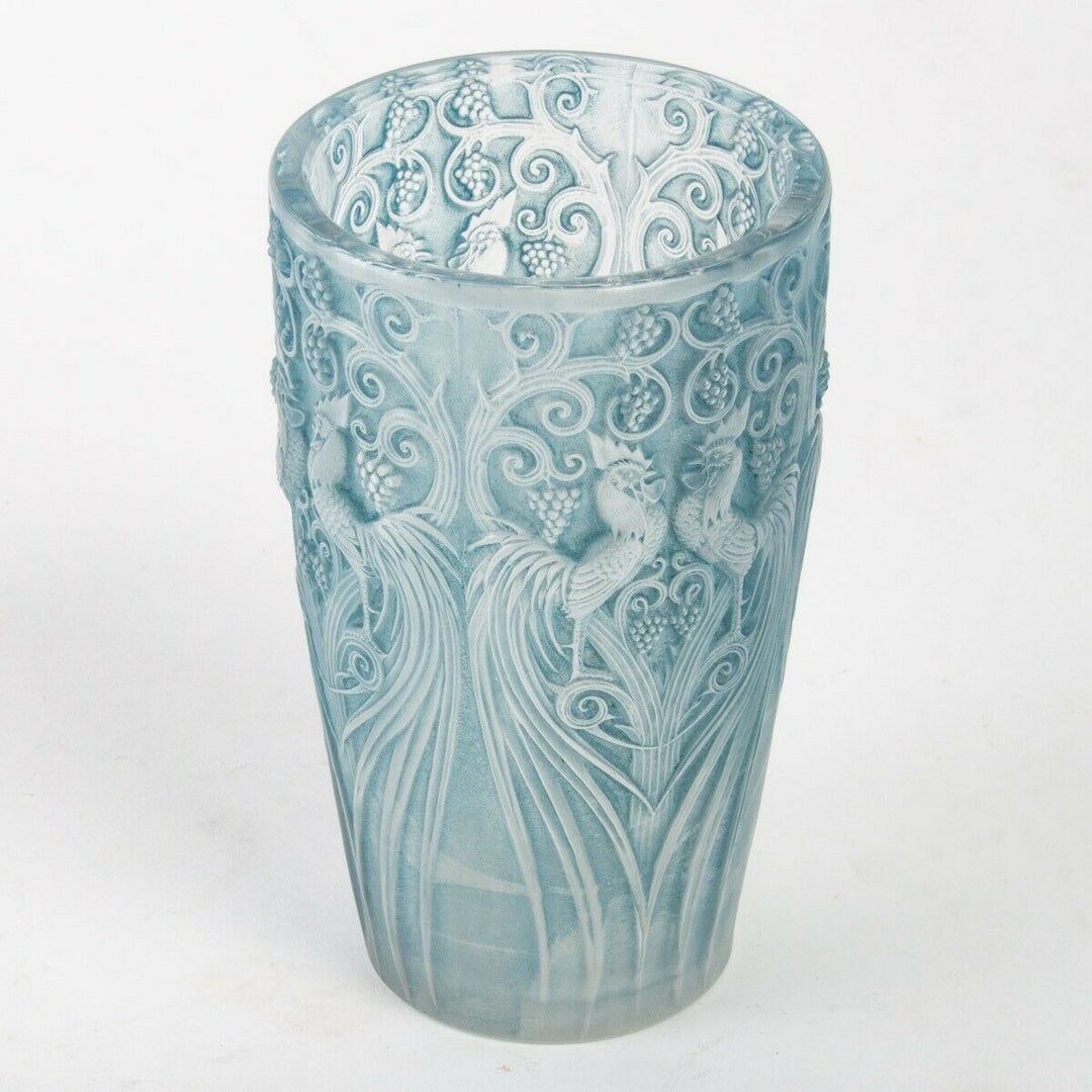 Vase Coqs Et Plumes Verre Patine Bleu René Lalique R.Lalique Blue Stained Glass