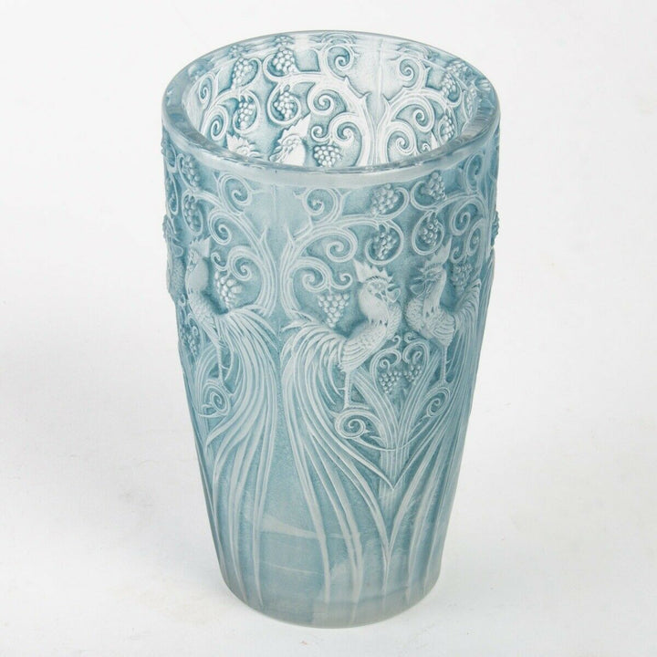 Vase Coqs Et Plumes Verre Patine Bleu René Lalique R.Lalique Blue Stained Glass