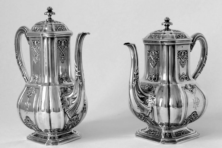 Puiforcat French Sterling Silver 18k Gold Tea, Coffee Set 4 pc, Regency