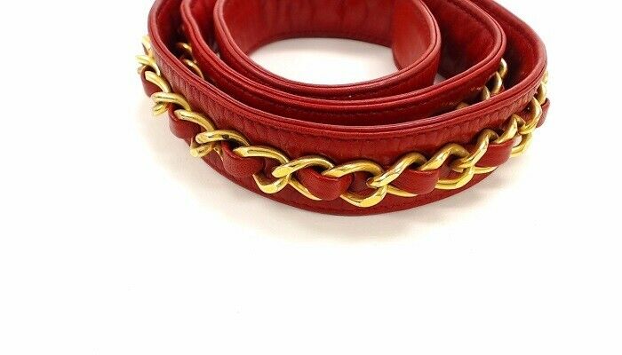 Auth CHANEL Quilted CC Chain Belt Waist Bum Bag Red Leather