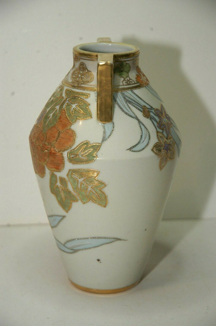 Noritake Nippon Morimura Two Handled Hand Painted Gilded Floral Vase 7.75" tall