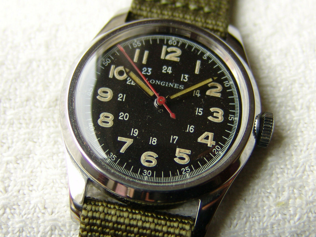 ヴィンテージ 第二次世界大戦期 34mm ロンジン パイロット ミリタリー アワード 腕時計 1942-1951 – アンティークテーブルウェア