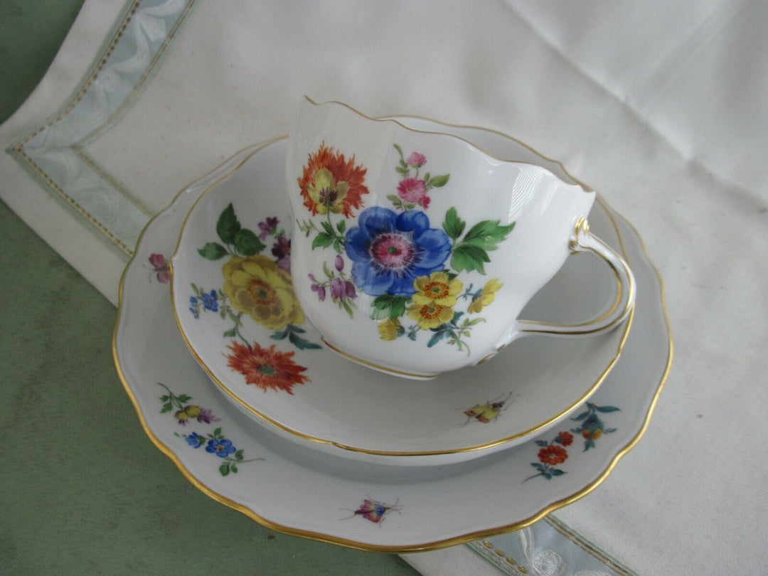 Schöne Meissen Kaffee-Sammeltasse mit vielen Blumen, Insekten-Malerei und Gold