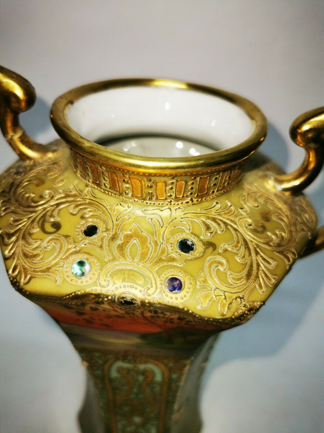 Antique Noritake Two Handled Pedestal Vase Gilted & Jewelled c1906 Art Nouveau