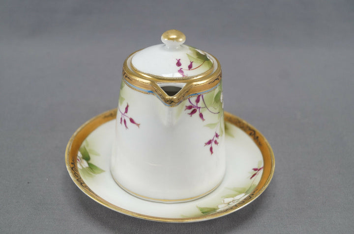 Nippon Morimura Hand Painted White Wild Rose Scrollwork & Beaded Syrup Pitcher