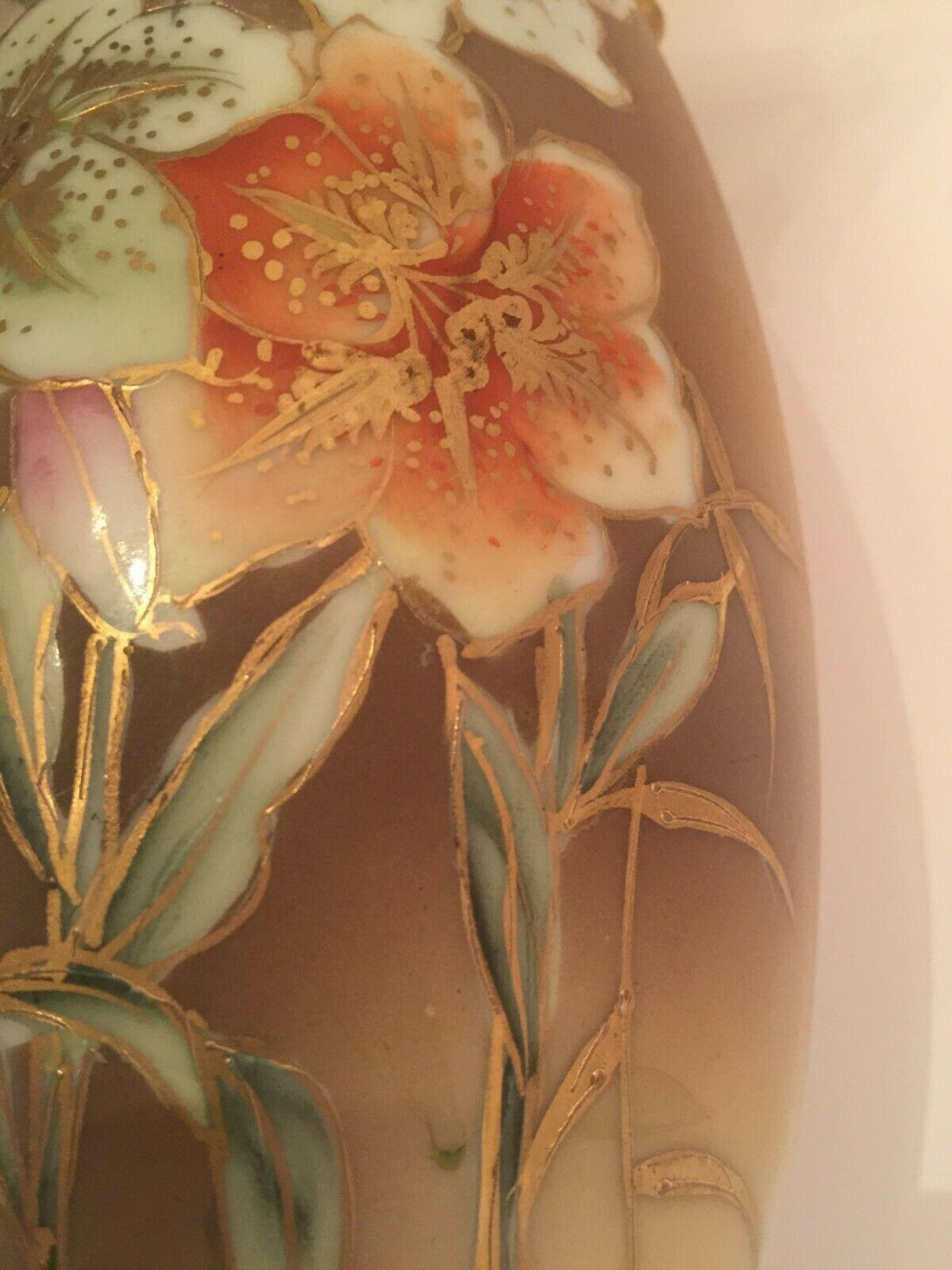 Antique Nippon Handled Hand Painted Brown Tiger Lilly Encrusted Porcelain Vase