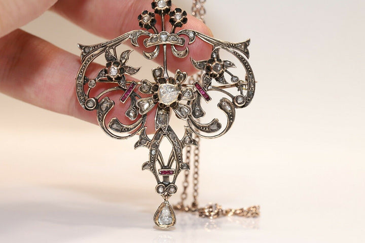 アンティーク オリジナル オスマン朝 8K ゴールド 天然ローズカット ダイヤモンド・ルビー ネックレス