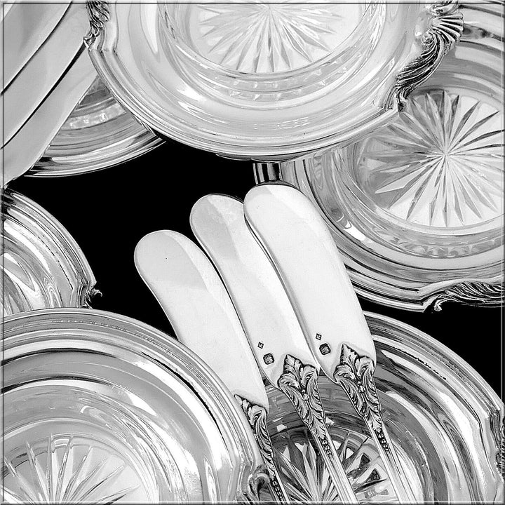 Tetard Rare French Sterling Silver Crystal Caviar Cups with Spreaders 12 Pc