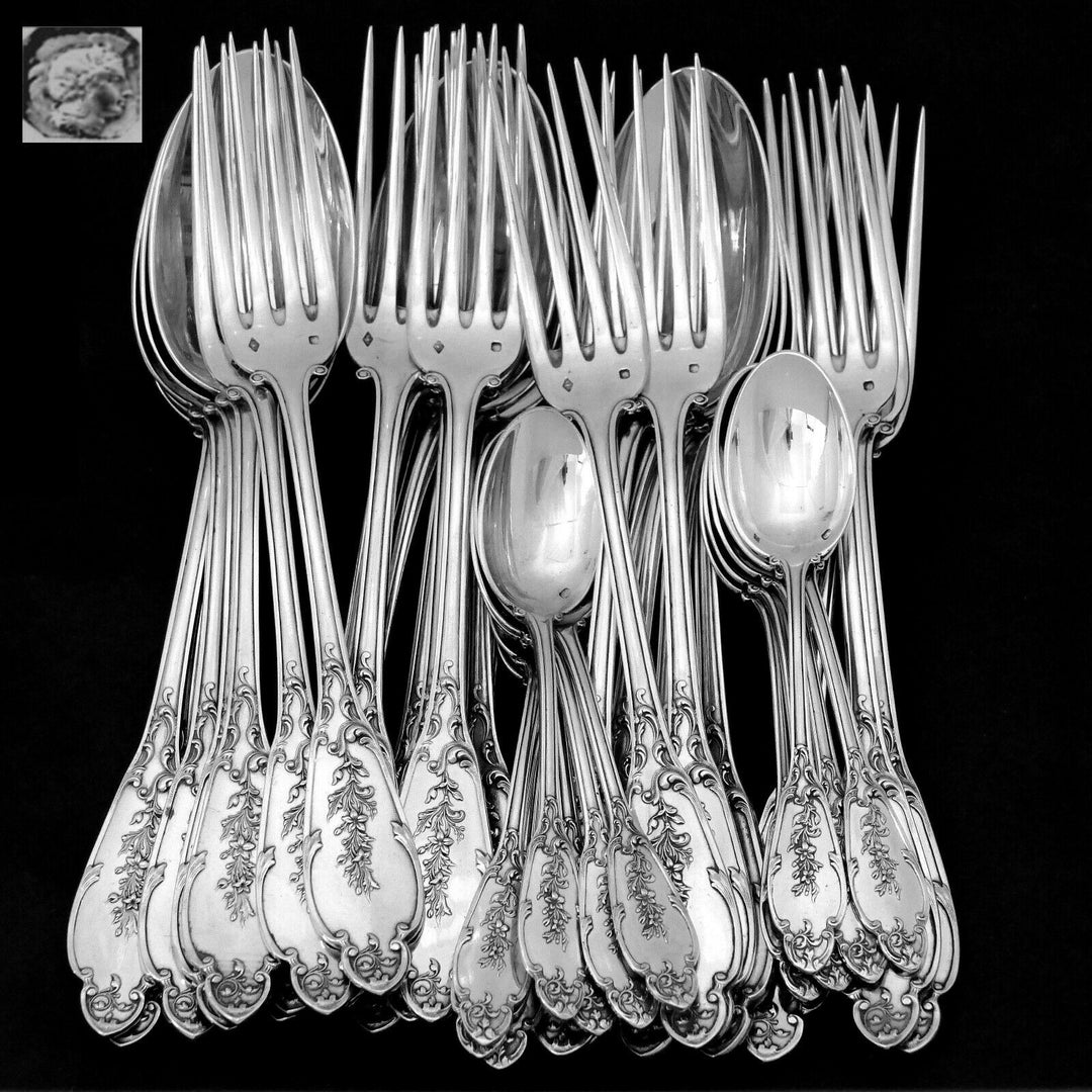 Debain Henin French Sterling Silver Dinner Flatware Set 49 Pc, Box, Flowers