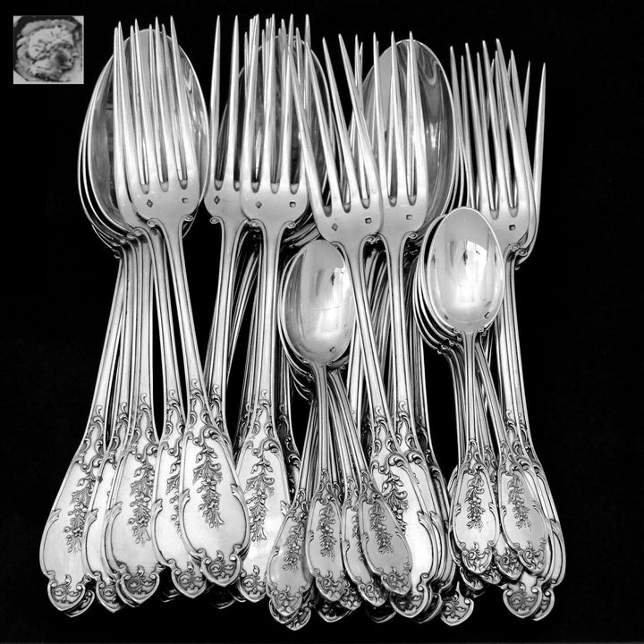Debain Henin French Sterling Silver Dinner Flatware Set 49 Pc, Box, Flowers