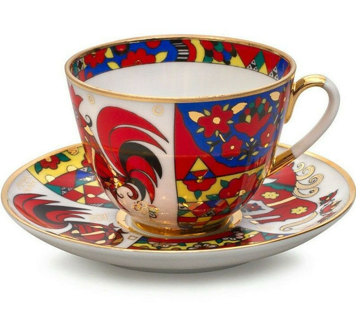 Folk Patterns Teacup & Saucer by Imperial Lomonosov Porcelain Red Rooster Luxury