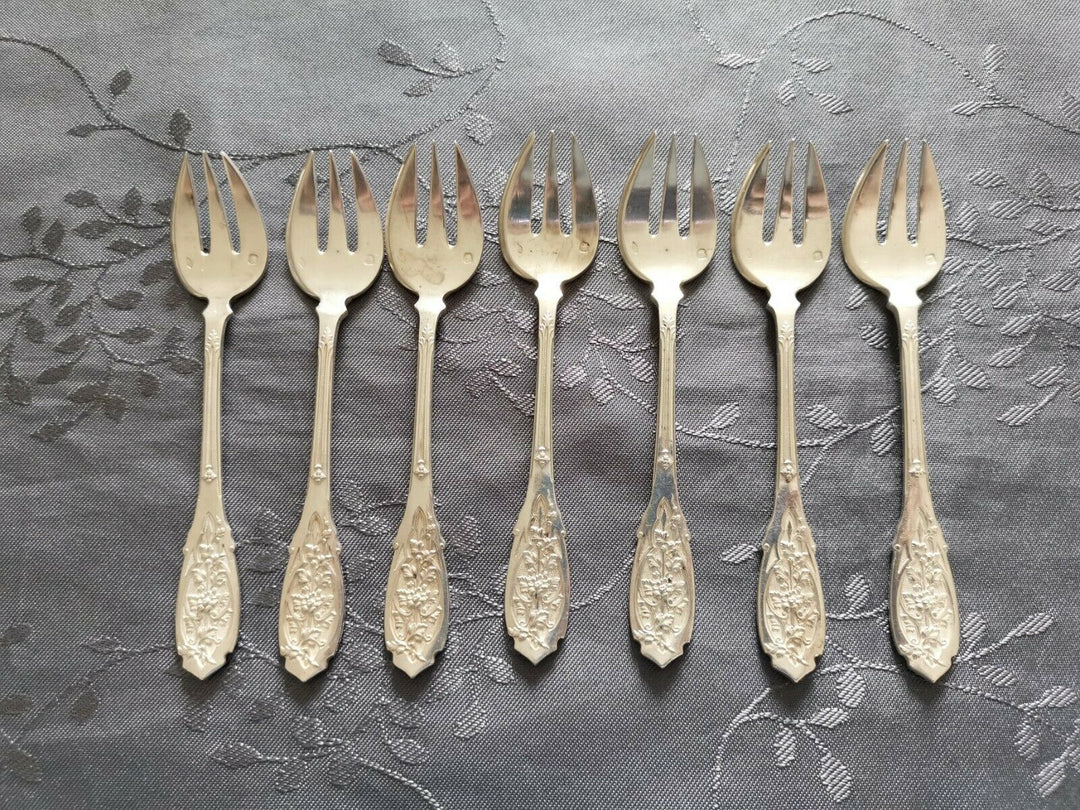 ARGENT MASSIF PUIFORCAT MODERNE FEUILLAGE 7 FOURCHETTES A HUITRES DESSERT