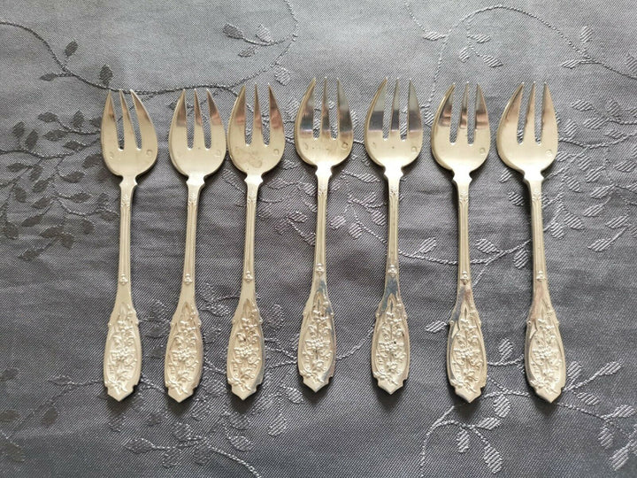 ARGENT MASSIF PUIFORCAT MODERNE FEUILLAGE 7 FOURCHETTES A HUITRES DESSERT