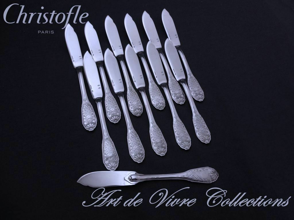Christofle Cardeilhac STERLING Silver ROYAL CISELE 12 Fish Knives 750gr