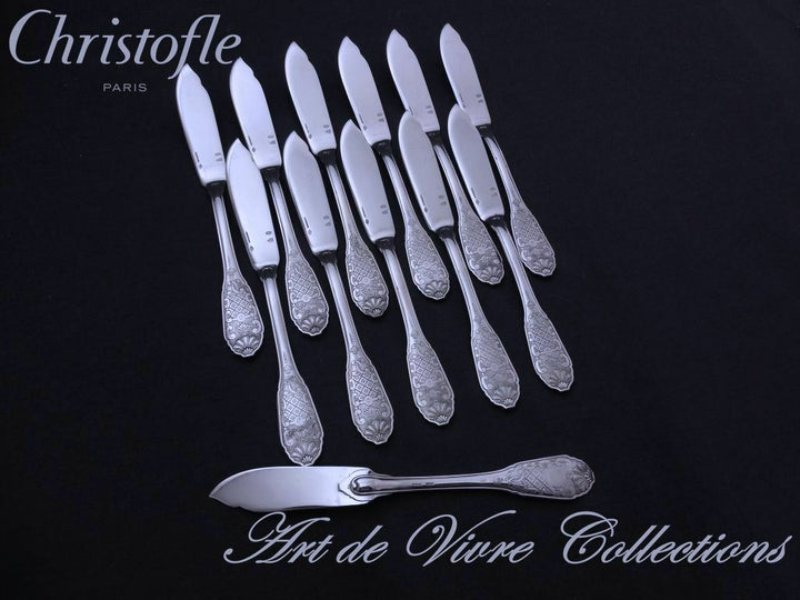 Christofle Cardeilhac STERLING Silver ROYAL CISELE 12 Fish Knives 750gr