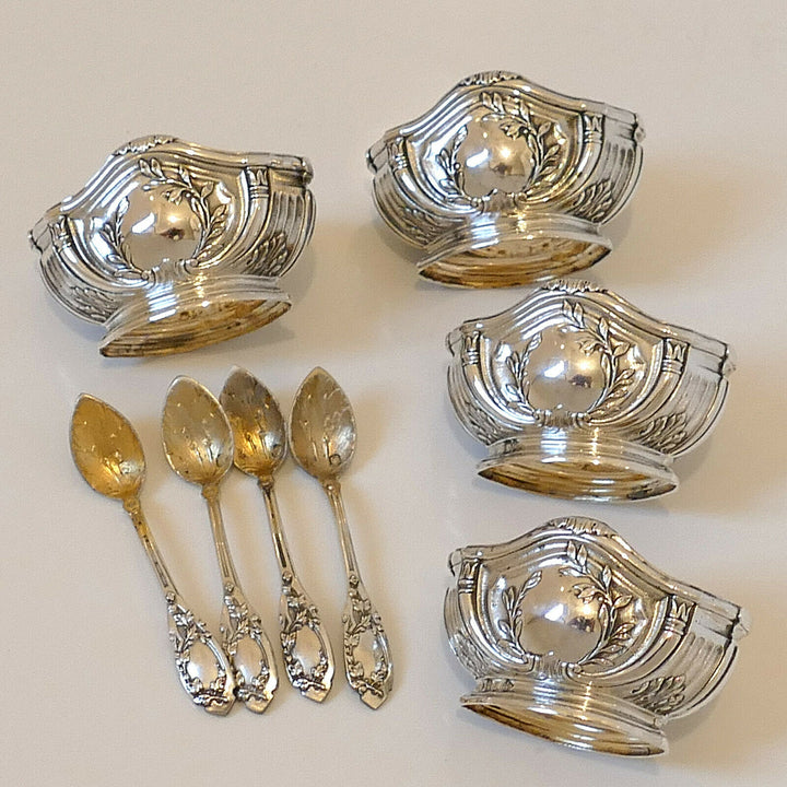 Puiforcat French Sterling Silver 18k Gold 4 Salt Cellars, Spoons, Box, Empire
