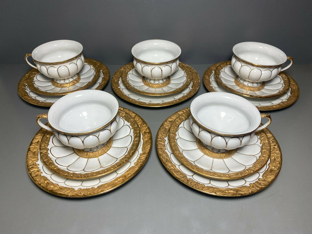 MEISSEN PRUNK KAFFEE GEDECK 3-TLG TASSE UT TELLER X-FORM VIEL GOLD GOLDBRONZE