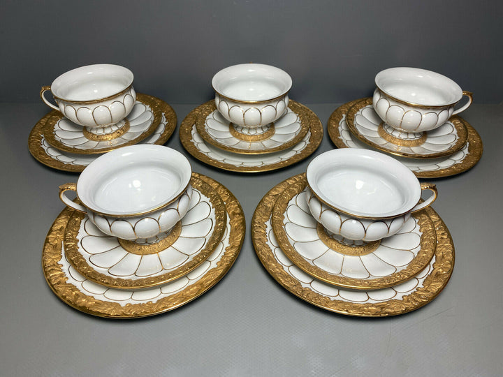 MEISSEN PRUNK KAFFEE GEDECK 3-TLG TASSE UT TELLER X-FORM VIEL GOLD GOLDBRONZE