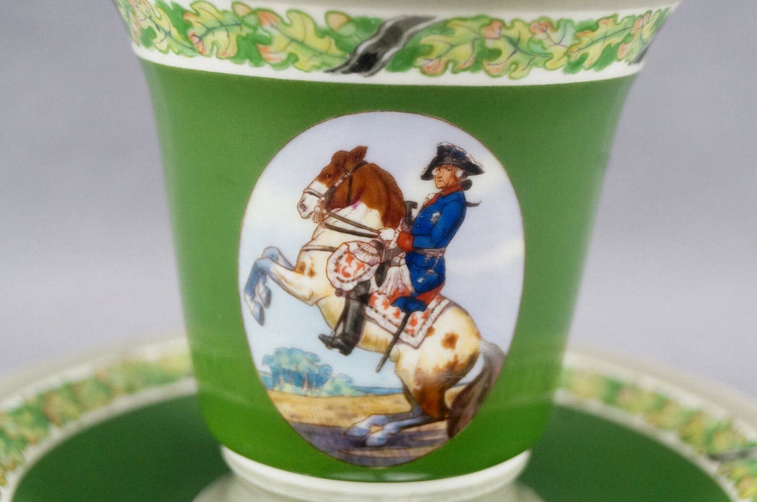 KPM Berlin Hand Painted WWI Frederick the Great Portrait & Green Empire Form Cup