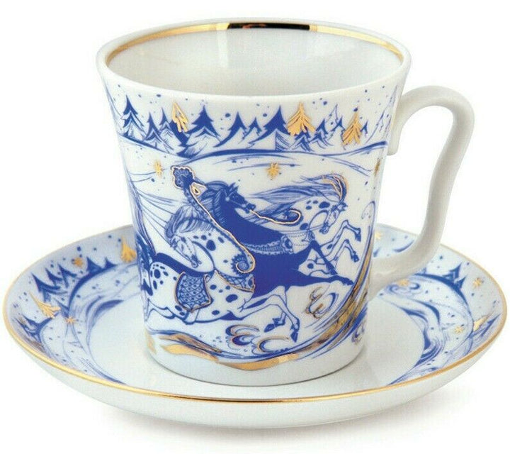 Imperial Porcelain Mug and Saucer by Lomonosov LFZ Russian Winter Troika Pattern