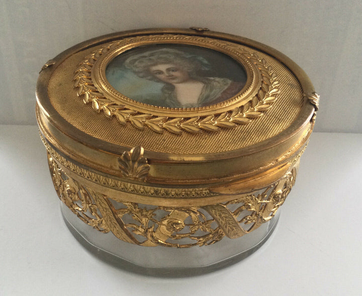 Antique French Crystal Ormolu Portrait Miniature Marie Antoinette Jewel Box 1890