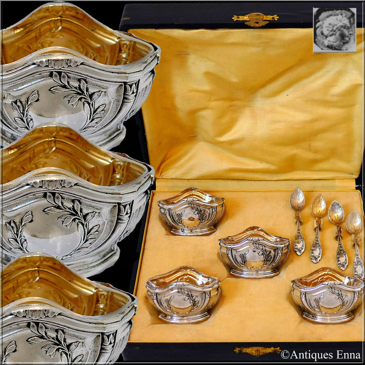 Puiforcat French Sterling Silver 18k Gold 4 Salt Cellars, Spoons, Box, Empire