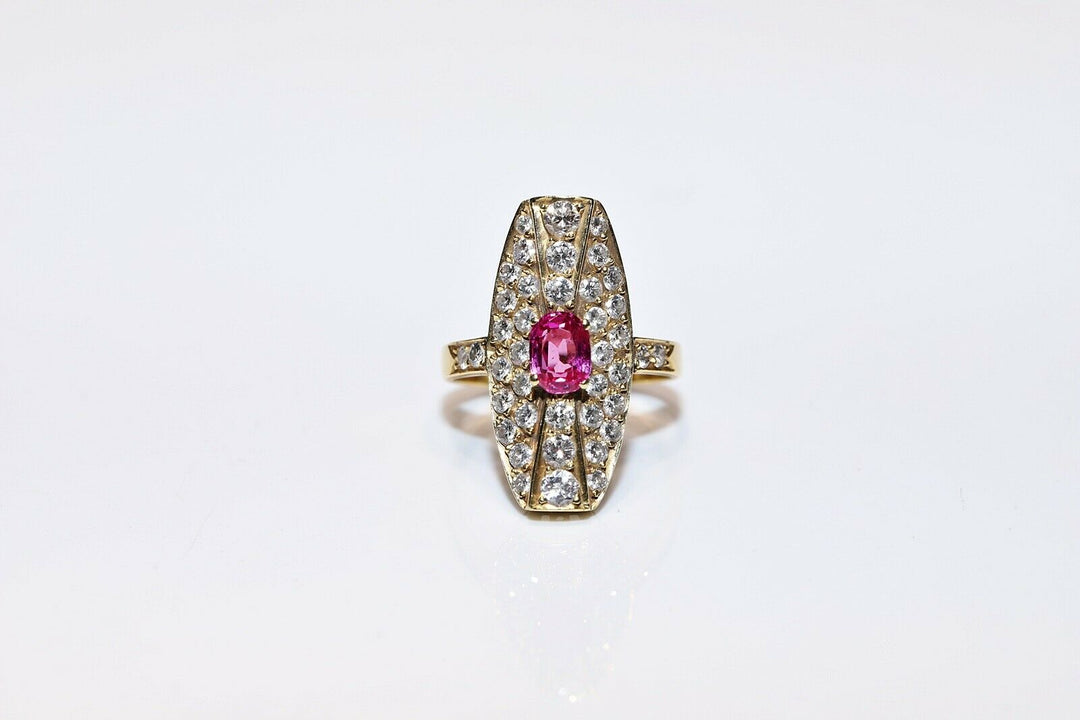 オールド ロシアン 14K ナチュラルダイヤモンドとルビーのナヴェットリング