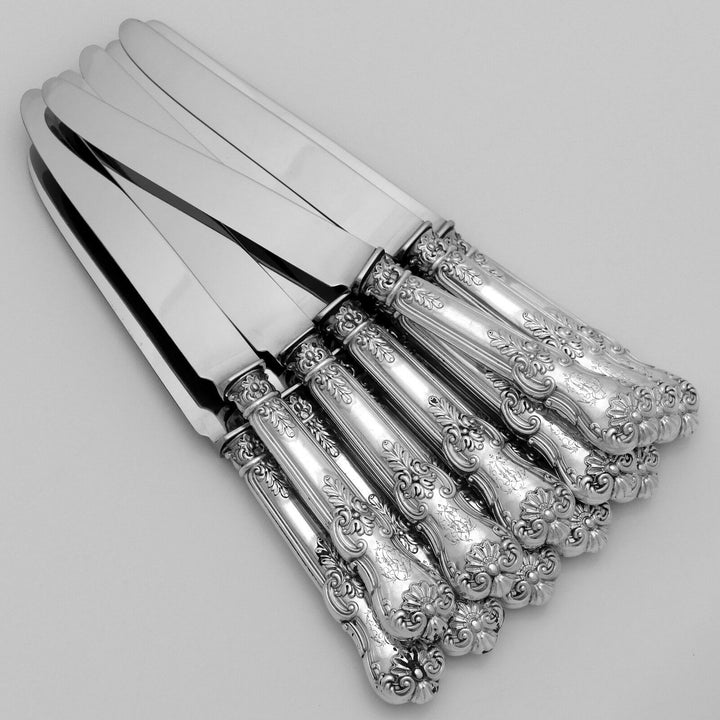 Antique French Sterling Silver Dinner Knife Set 12 pc New Stainless Steel Blades