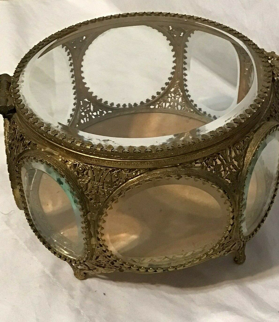 Vintage Filigree Ormolu Jewelry Casket 8 Sided Beveled Glass Ornate Trinket Box