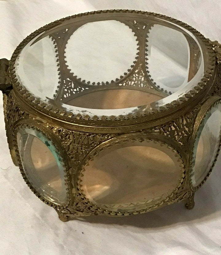 Vintage Filigree Ormolu Jewelry Casket 8 Sided Beveled Glass Ornate Trinket Box