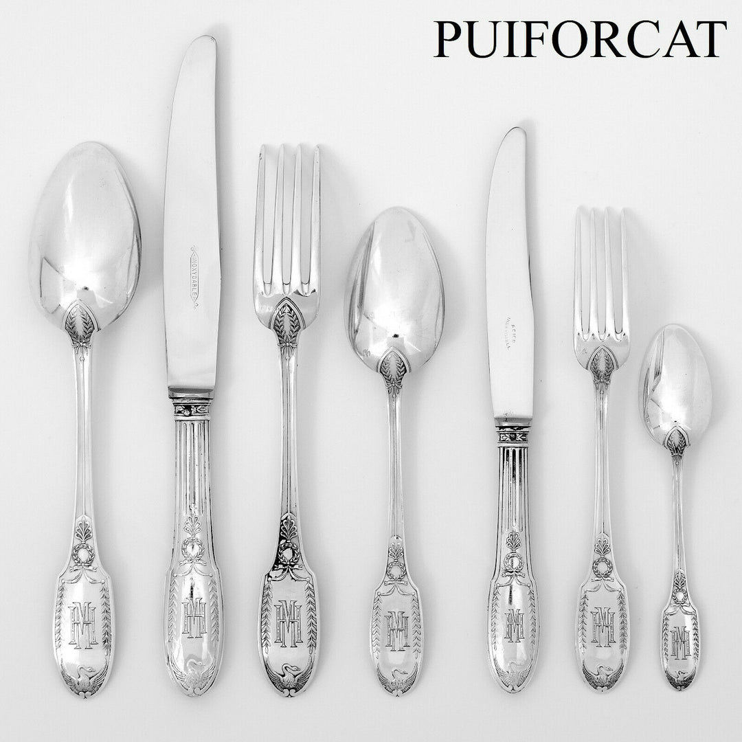 Puiforcat French Sterling Silver Flatware Set 92 Pc, Empire, Swan, Box