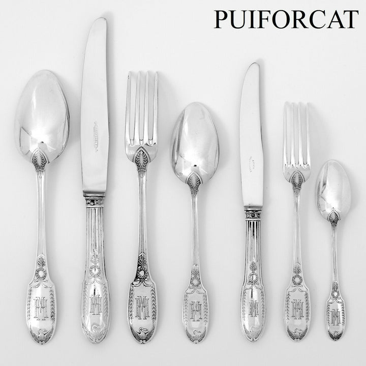 Puiforcat French Sterling Silver Flatware Set 92 Pc, Empire, Swan, Box