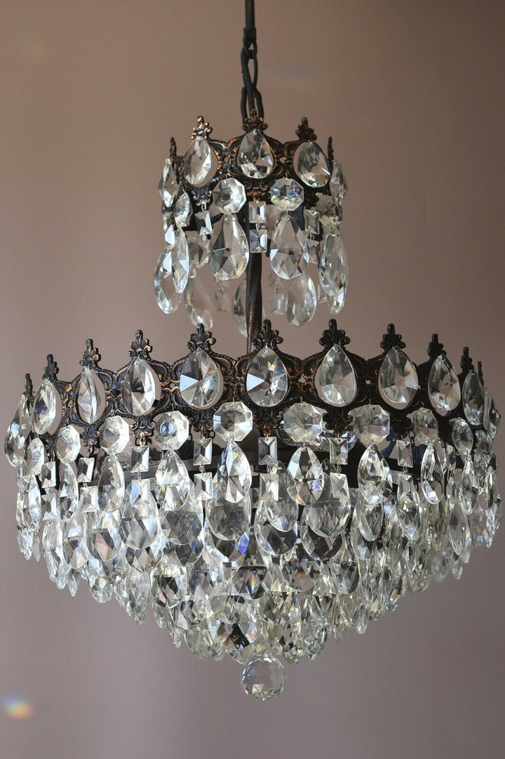 Brass Antique/ Vintage Crystal Chandelier, Hallway Lighting Light Pendant Lamp
