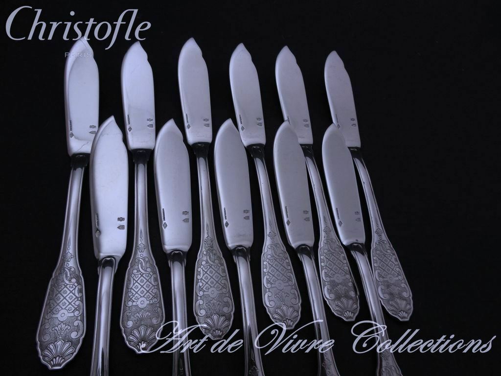 Christofle Cardeilhac STERLING Silver ROYAL CISELE 12 Fish Knives 750gr