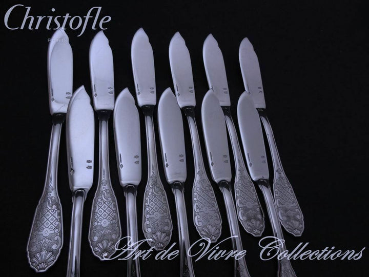 Christofle Cardeilhac STERLING Silver ROYAL CISELE 12 Fish Knives 750gr