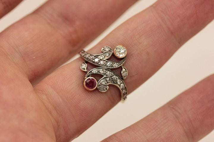 アンティーク オリジナル 14K ナチュラルダイヤモンドとルビーのリング