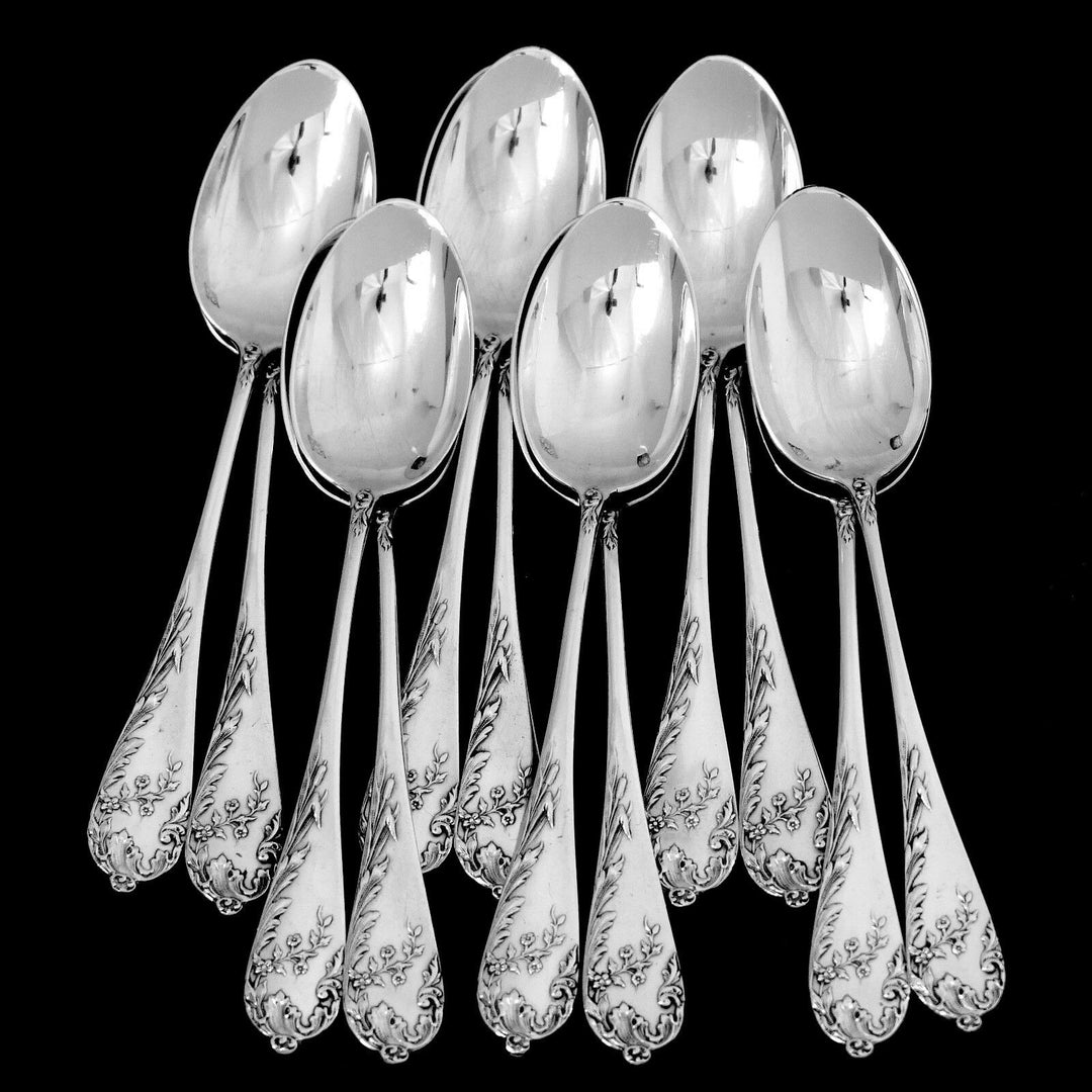 Debain French Sterling Silver Tea Coffee Spoons Set 12 pc, Art Nouveau