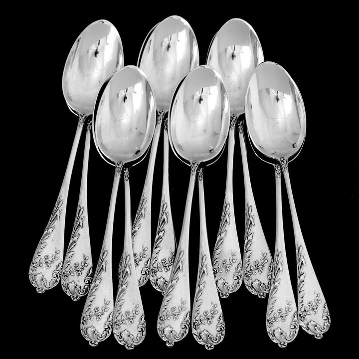 Debain French Sterling Silver Tea Coffee Spoons Set 12 pc, Art Nouveau