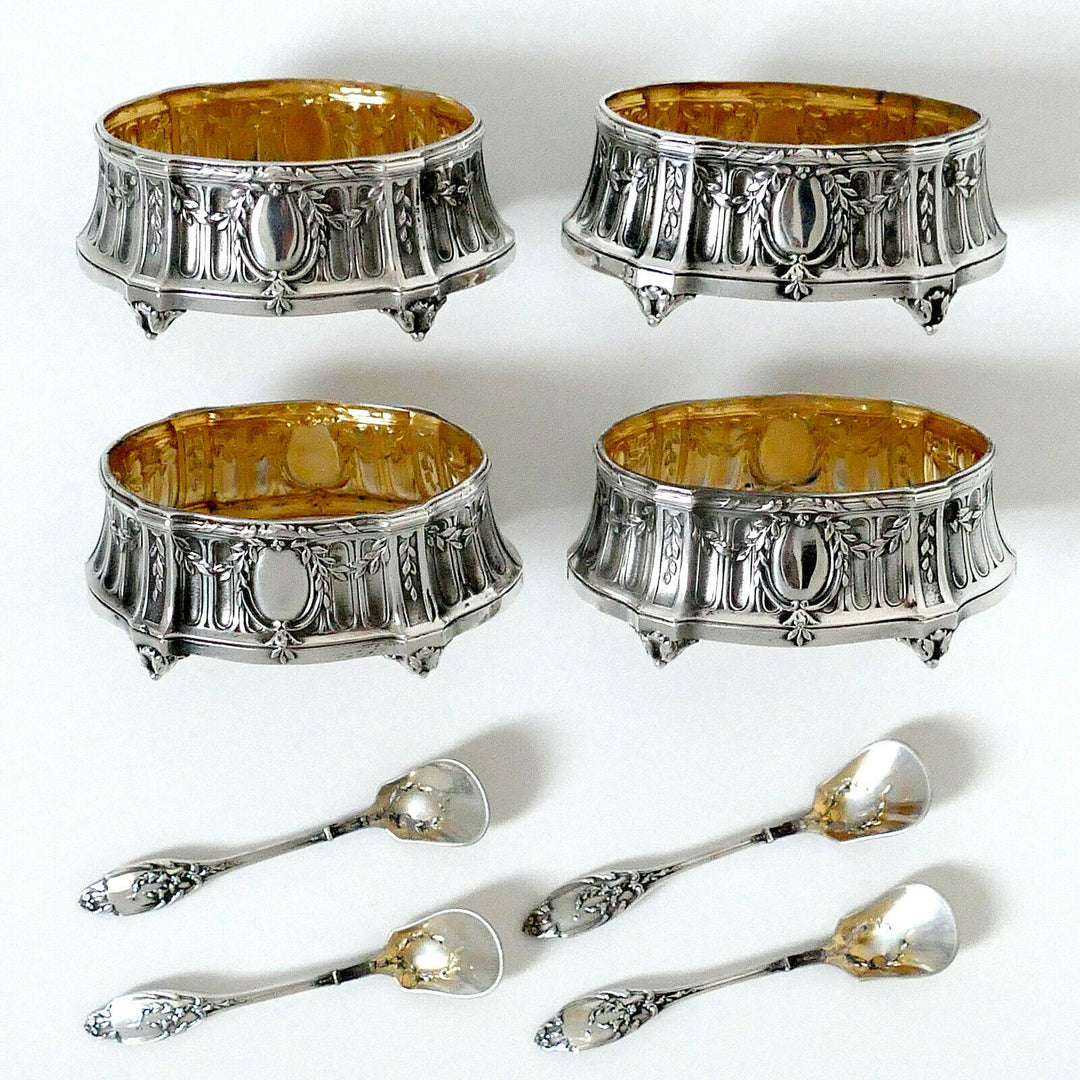 Lefebre French Sterling Silver 18k Gold 4 Salt Cellars, Spoons, Original Box